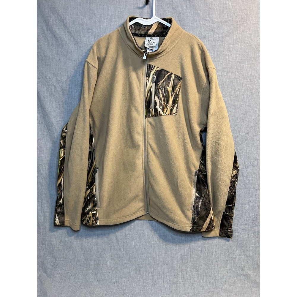 Ducks Unlimited Mens Fleece Jacket‎ Size Large Zip Up Logo Embroidered Tan Camo